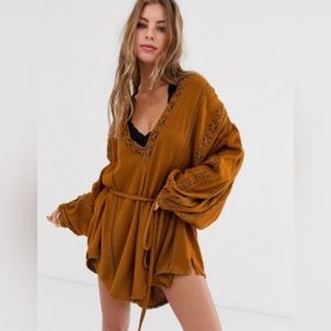 Free People I Mean It Crochet Knit Long Sleeve Romper, Burnt Copper Brown